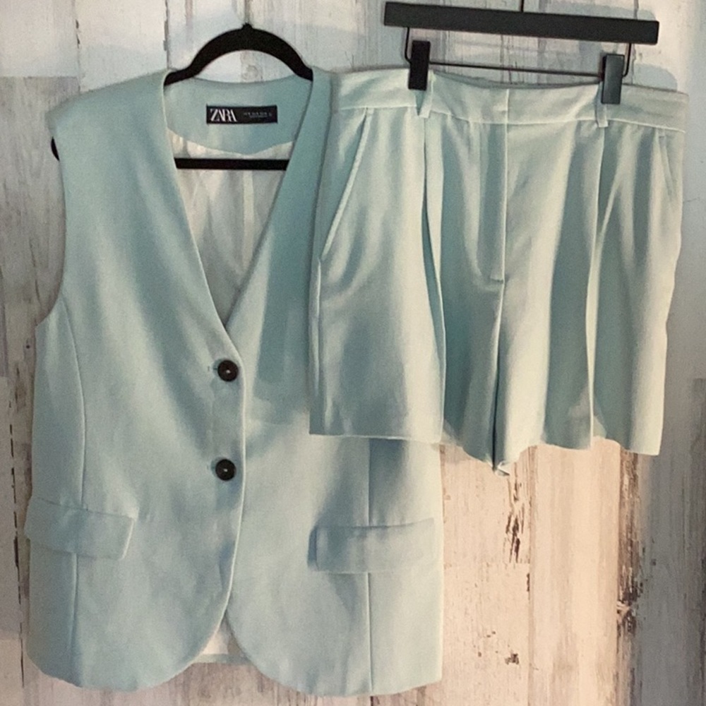 Zara Mint Green Sleeveless Blazer Vest & Skort Set